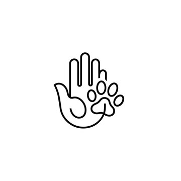 Minimal line icon of human hand and animal paw.