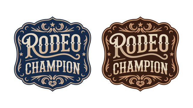 Rodeo champion cowboy label belt buckle vector design, ornate bull rider medal with vintage western typographic emblem for ranch branding, apparel, and retro badge graphics