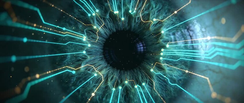 Abstract iris cyber eye digital eye data stream circuit line neon light technology surveillance network biometric artificial intelligence future innovation glow detail blue green pattern interface