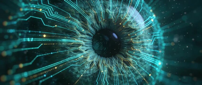 Digital eye cyber iris artificial intelligence technology data network circuit abstract future vision concept, glowing circuit line and blue technology pattern, neural network data flow futuristic