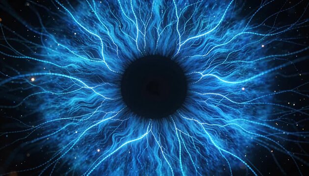 Abstract iris blue eye digital eye electric light energy line glowing pattern sci fi fantasy technology vortex motion with neon glow cyber vision fractal radial design particle surreal vision neural