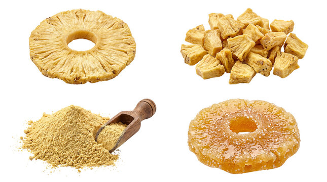Dehydrated and Candied Pineapple Pieces with Pineapple Powder Isolated on Transparent Background