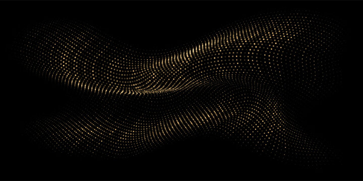 Flowing glowing dots particles gold light wave pattern 3D curve halftone curve shape isolated on black background. Vector in concept of luxury, technology, science, music, modern.