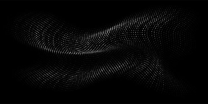 Flowing glowing dots particles light wave pattern 3D curve halftone curve shape isolated on black background. Vector in concept of technology, science, music, modern.