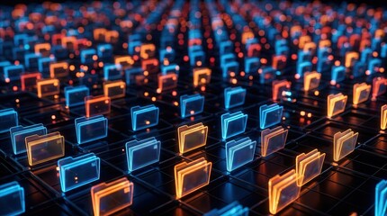 Obraz premium Representing secure file management and data flow, glowing folder nodes populate a futuristic network grid.