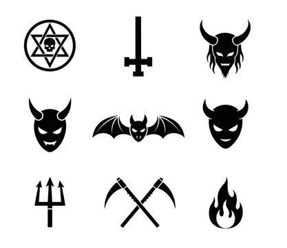 Collection of occult symbols and demonic icons including inverted cross pentagram devil faces trident scythes bat