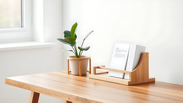 bookstand. A minimalist wooden desk featuring a bamboo bookstand and a potted plant, styled in Scandinavian simplicity. lifestyle magazines.