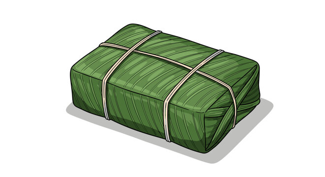 Rectangular food item wrapped in green banana leaves tied with string presented on a white background with subtle