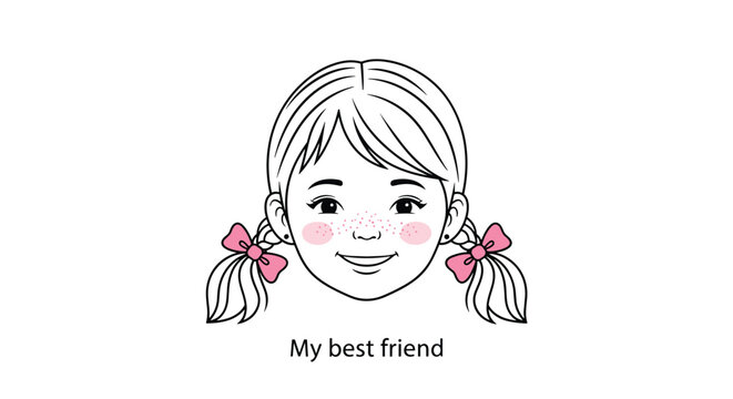 Hand drawn portrait illustration of a smiling young girl with freckles and blonde hair tied in pigtails with cute pink bows.