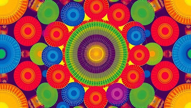 transmutation. Vibrant circular patterns representing drumbeat rhythms in an abstract composition. event programs, museum guides, designed for cultural heritage projects and event programs.