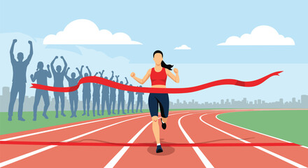 Fototapeta premium Female athlete winning a marathon race by crossing the red finish line tape with cheering crowds in the background.