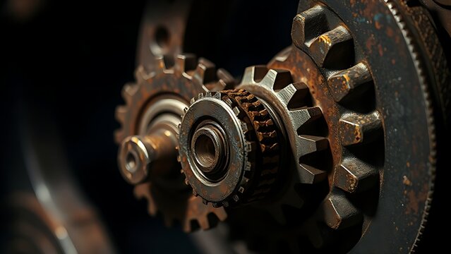 susceptibility. A rusted mechanical gear assembly with one jammed gear, metallic textures, industrial aesthetic. safety posters.