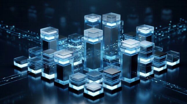A conceptual illuminated isometric server block stack represents database migration with clear data flow and cloud transfer.
