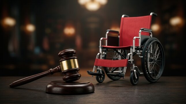 Legal action and disability compensation for an accident victim, symbolized by a gavel and empty wheelchair.