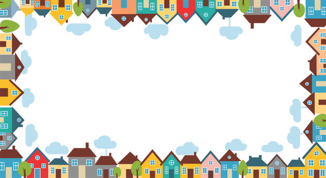 Rectangular frame border made of various small colorful houses and trees with clouds for housing and neighborhood themes.