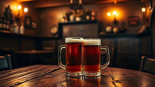 mediocrity. Cozy traditional alehouse interior with wooden table and two tankards of amber beer. bar promotions, beverage menus, designed for food & beverage menus and cafe branding.