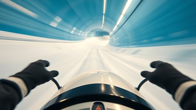 tenet. First-person view of a high-speed sled on a winding blue ice track. mobility guides, transit brochures, designed for mobility and urban transit guides, used by data scientists.