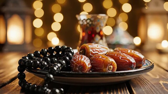 Dates, prayer beads, and tea on a wooden table with festive lights, symbolizing Islamic traditions.