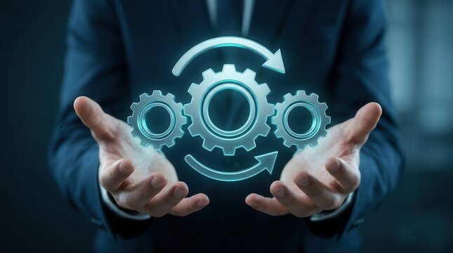 Hands of a businessperson display interlocking gears and arrows, symbolizing the crucial elements of change management, process alignment, and operational transformation in business.