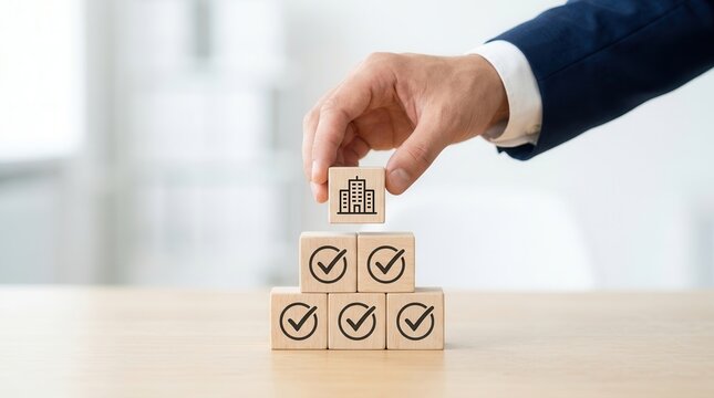 Strategic placement of wooden blocks representing regulation and good governance for business success.