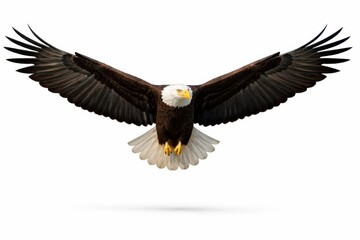 Fototapeta premium Mature bald eagle soaring with fully extended wings in a centered scientific catalog portrait with crisp feather detail