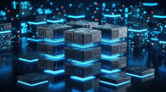 Digital visualization of cloud transfer and database migration, featuring glowing server blocks and interconnected data flow nodes.