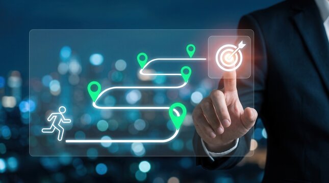 Achieving business goals: a hand touches a glowing target icon, illustrating the culmination of a planned journey through various milestones.