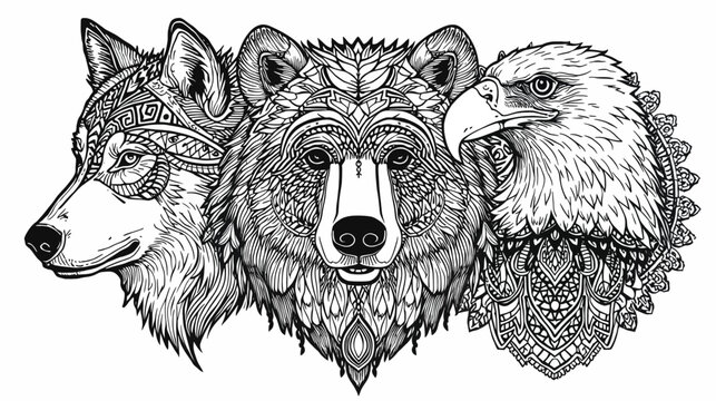 Detailed ornamental line art of a wolf, bear, and eagle heads in a tribal or mandala style, black and white illustration.