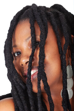Close-up Portrait of African American Woman with Thick Dreadlocks for Haircare Solutions