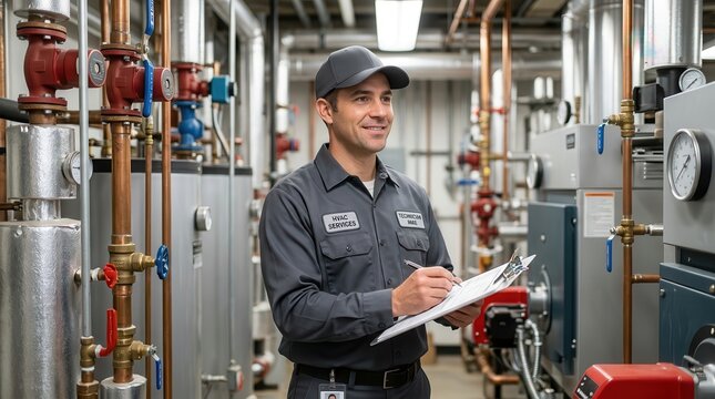 Routine service and preventative maintenance are conducted by a technician examining a heating system's boiler and piping in a mechanical room.