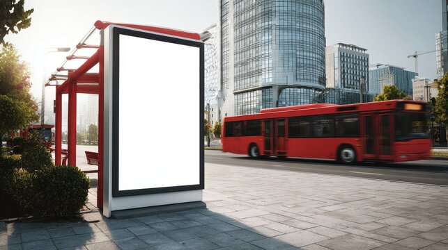 Red city bus driving past a blank advertisement billboard at a modern bus stop in a sunny urban cityscape