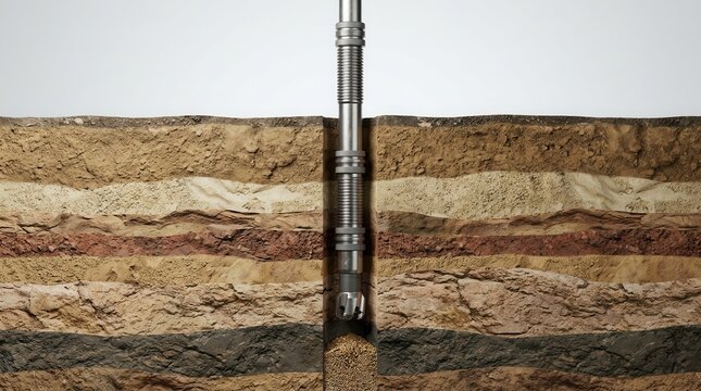 An intricate layered formation is pierced by a drill bit during an offshore deepwater well drilling operation.