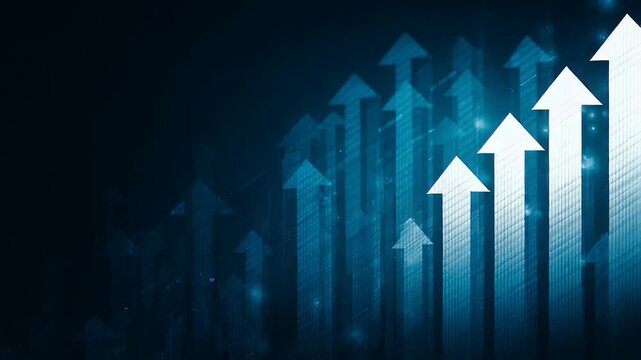 Abstract finance background with rising arrow graph shows business growth and success, increasing profits, positive performance, and bright future prospects with steady upward trend.