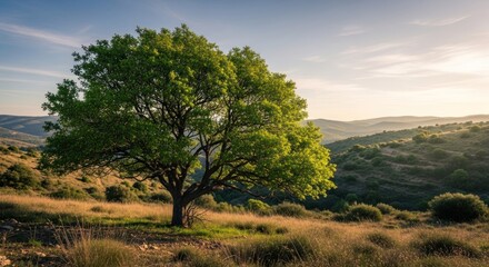 Fototapeta premium Majestic Solitary Tree Bathed in Golden Hour Light on Rolling Hills.