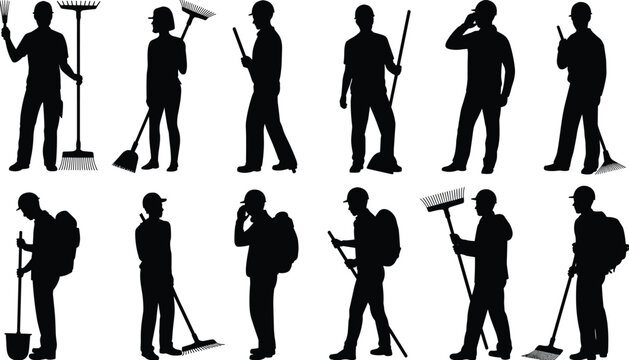 Cleaning worker silhouettes with broom rake tools maintenance janitor people black shadow vector illustration set service labor design collection