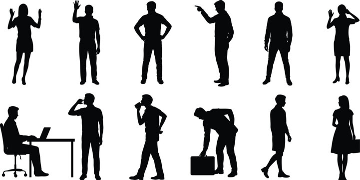 Business people silhouettes set office workers gestures standing walking communication black shadow vector illustration collection professional corporate design