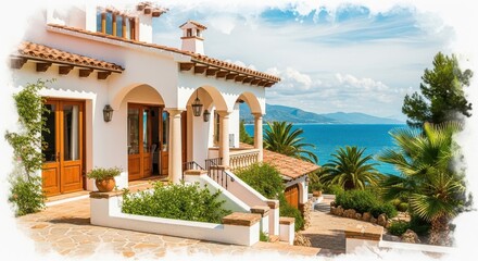 Fototapeta premium Charming mediterranean villa with ocean view a picturesque spanish house in a lush landscape
