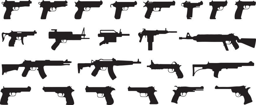 gun silhouettes lineup of pistols rifles shotguns vector icons set