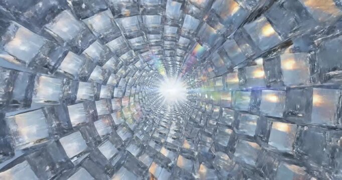 Abstract tunnel of crystal cubes reflecting light, creating a mesmerizing optical illusion