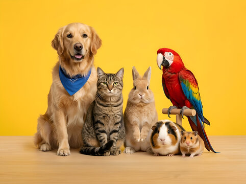 Diverse Group of Pets Including Dog Cat Rabbit Parrot Guinea Pig and Hamster on Yellow