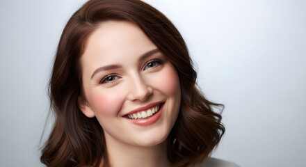 Fototapeta premium Close up portrait of a beautiful young woman with brown wavy hair smiling cheerfully against a clean white background