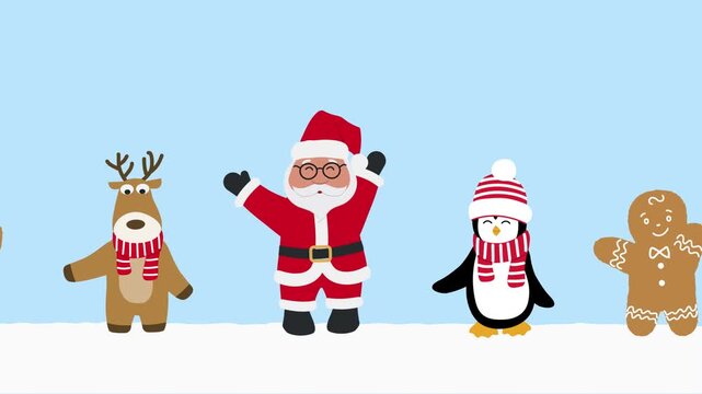 Santa Claus with Friends are Dancing. Christmas Animation. Happy Santa and Cute Deer, Penguin, Gingerbread Man Enjoy Winter Holidays. Funny Holiday Characters in Red Clothes. Loop Video