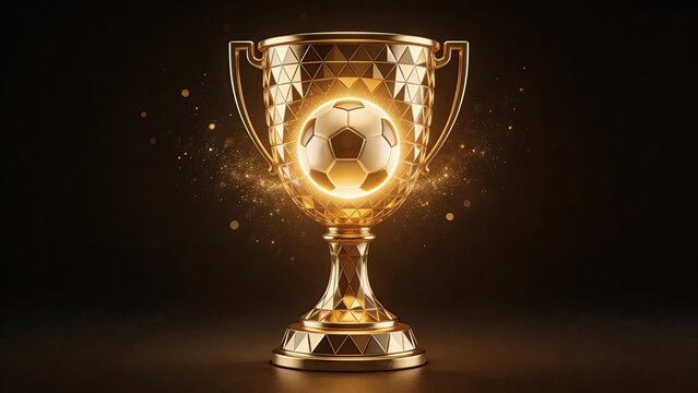 Golden soccer trophy with glowing ball