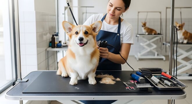 Professional groomer using electric clippers to trim the coat of a happy Welsh Corgi on a grooming table in a bright salon