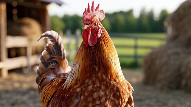 A proud rooster stands in the farmyard during a sunny day with its bright red comb and textured golden feathers