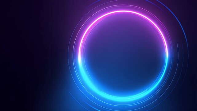 Abstract neon circle background with glowing blue and purple light rings in motion showing futuristic energy loop with dynamic colorful rays creating cinematic digital space for technology.