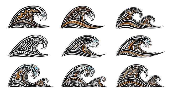 Tribal wave icon set, 9 ocean waves filled with zigzag, dots, and stripe tribal patterns, high contrast colors, decorative vector, clean grid composition, isolated background