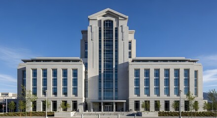 Obraz premium Symmetrical front view of a large modern government courthouse building with light stone facade and glass windows
