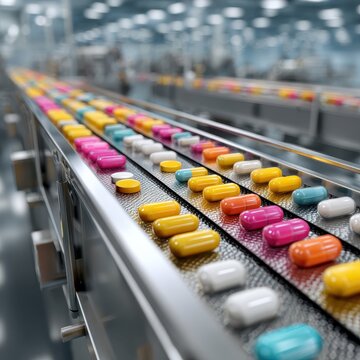 Automated pharmaceutical production line manufacturing colorful pills and capsules