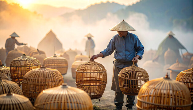 Portrait of a Craftsman Arranging Large Bamboo Bird Cages in a Misty Outdoor Workspace at Dawn
